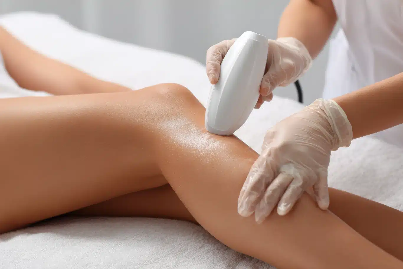 Womans full leg highlighting smooth skin Medium shot of a professional performing laser hair removal